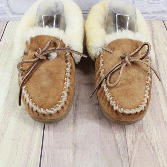 LL BEAN Brown Suede Shearling Lined Wicked Good Moccasin Slippers 8 M - Picture 5 of 10